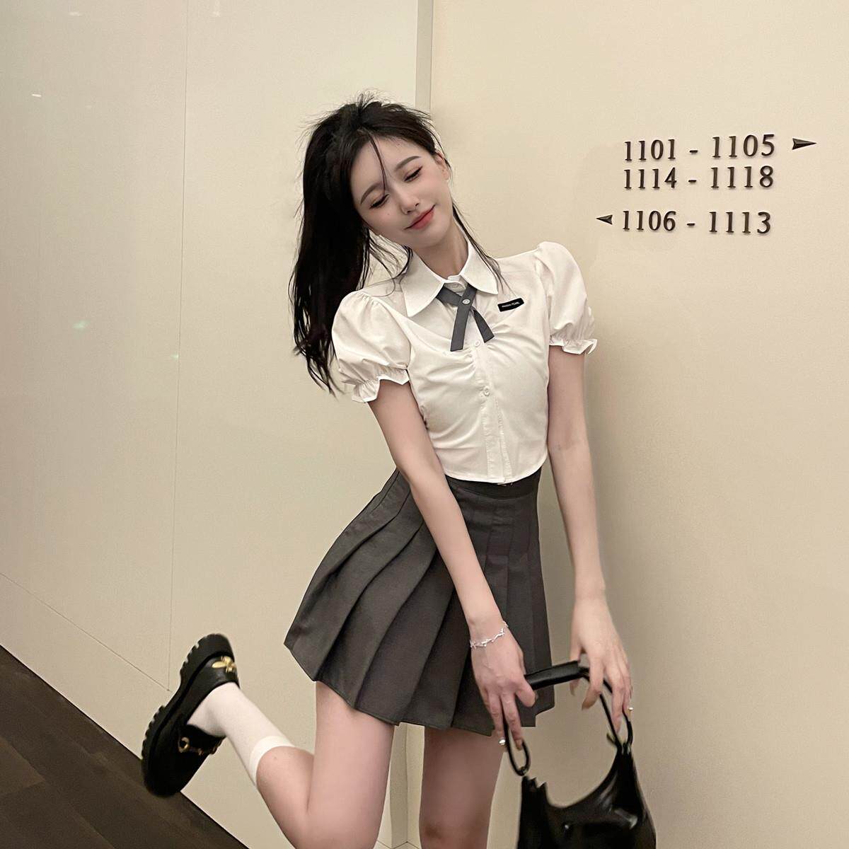 小众制服套装夏褶皱泡泡短袖短款衬衫女足浴技师工作服减龄百褶裙