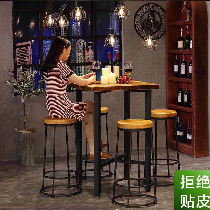 美式实木小方桌简约家用正方形酒吧吧台桌咖啡桌椅组合高桌高脚桌