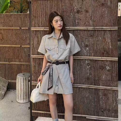 韩系2026夏季复古工装短袖牛仔洋装女+一片式屁帘半身裙两件套
