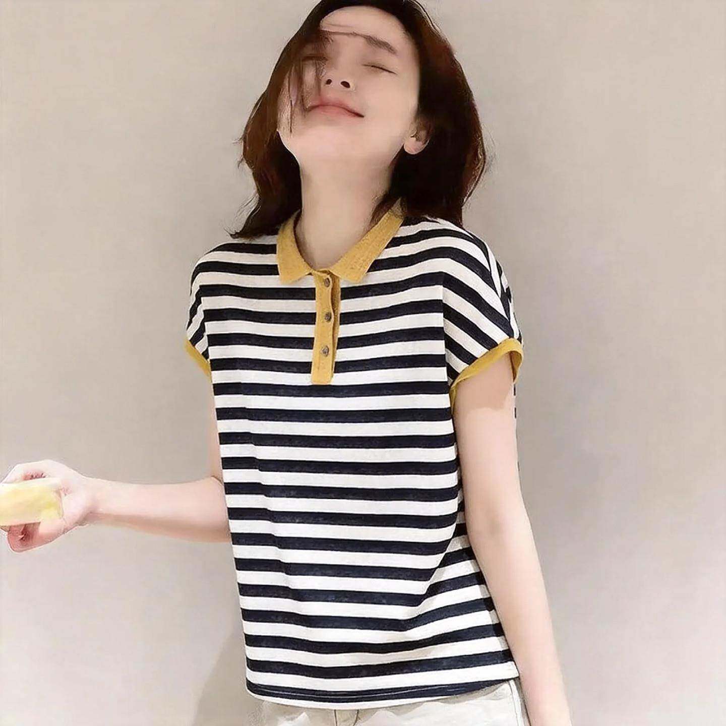 韩版莱赛尔天丝撞色条纹翻领短袖T恤女夏季新款气质百搭宽松上衣