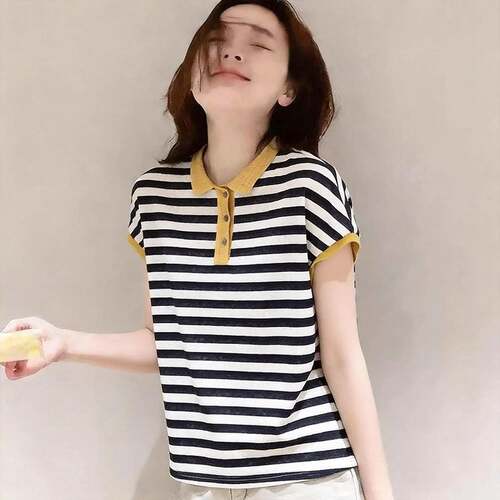 韩版莱赛尔天丝撞色条纹翻领短袖T恤女夏季新款气质百搭宽松上衣