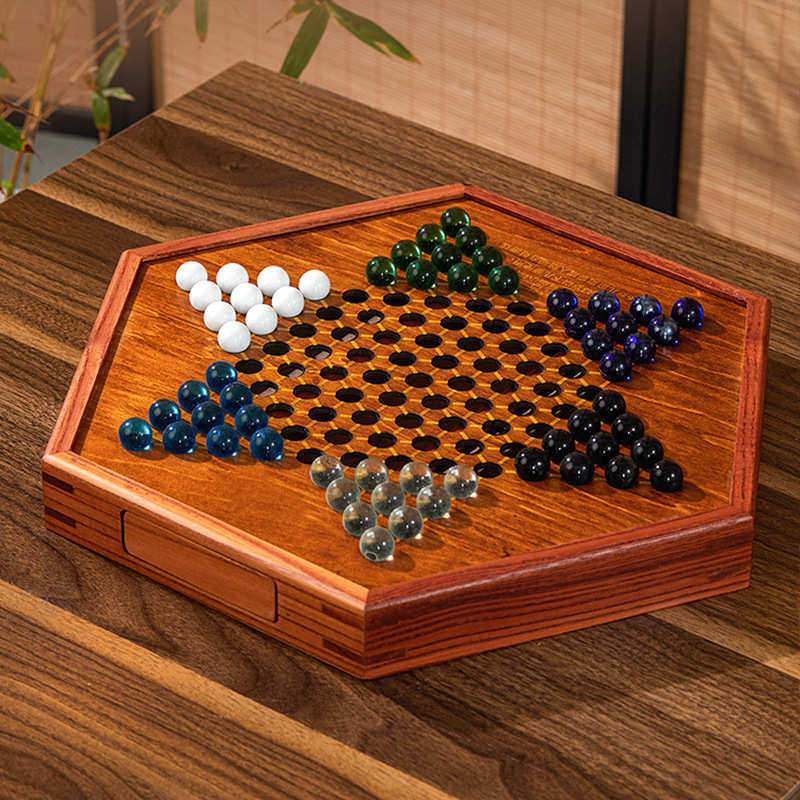 跳棋儿童益智大人版玻璃球波子棋老式宝石玛瑙加大号实木跳跳棋