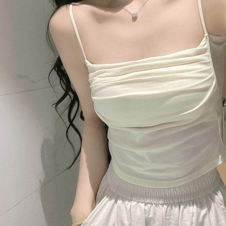 纯欲褶皱吊带背心女夏季带胸垫显瘦内搭打底外穿修身美背短款上衣