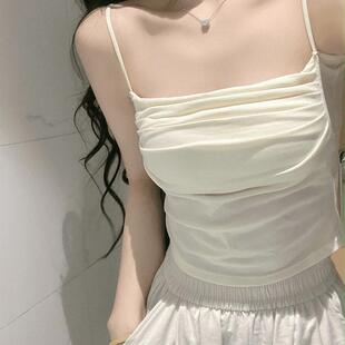 上衣 美背短款 纯欲褶皱吊带背心女夏季 带胸垫显瘦内搭打底外穿修身