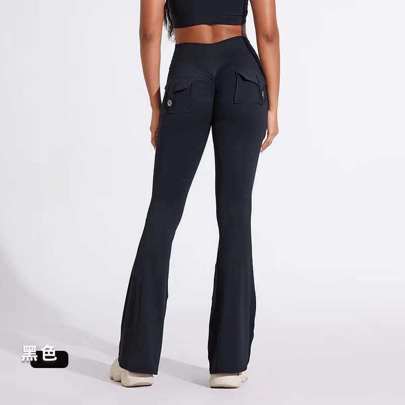 2025工装口袋蜜桃裤女瑜伽高腰健身裤速干运动提臀紧身喇叭裤