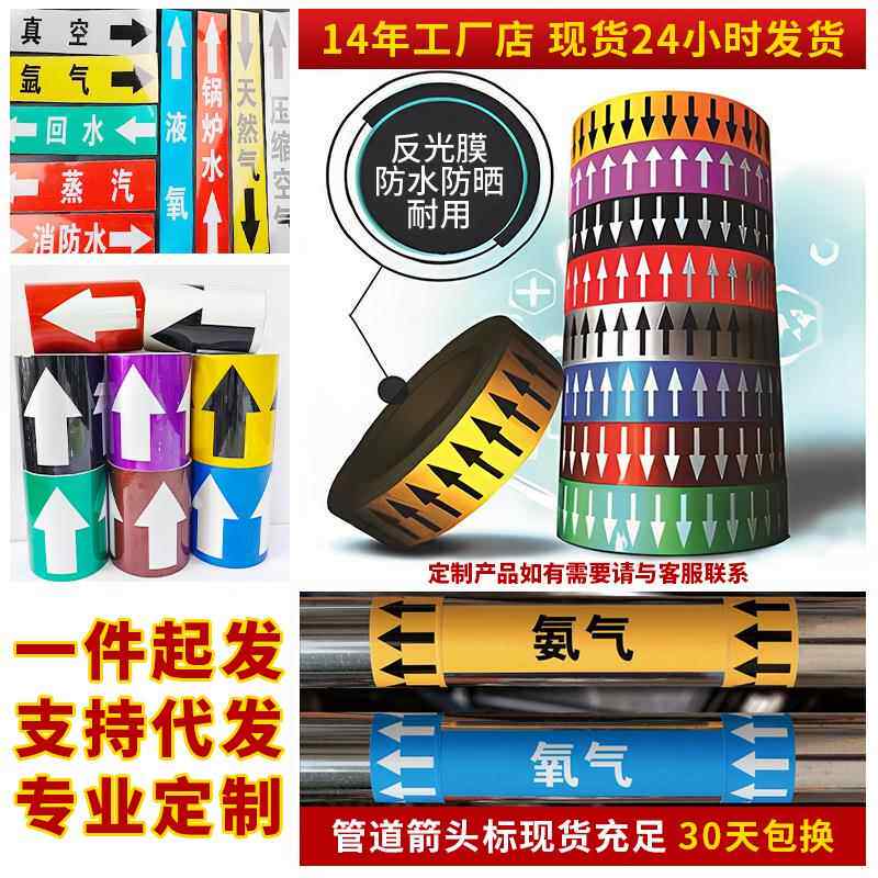 工业管道箭头流向标识贴电厂消防化工厂介质色环气体标识标贴