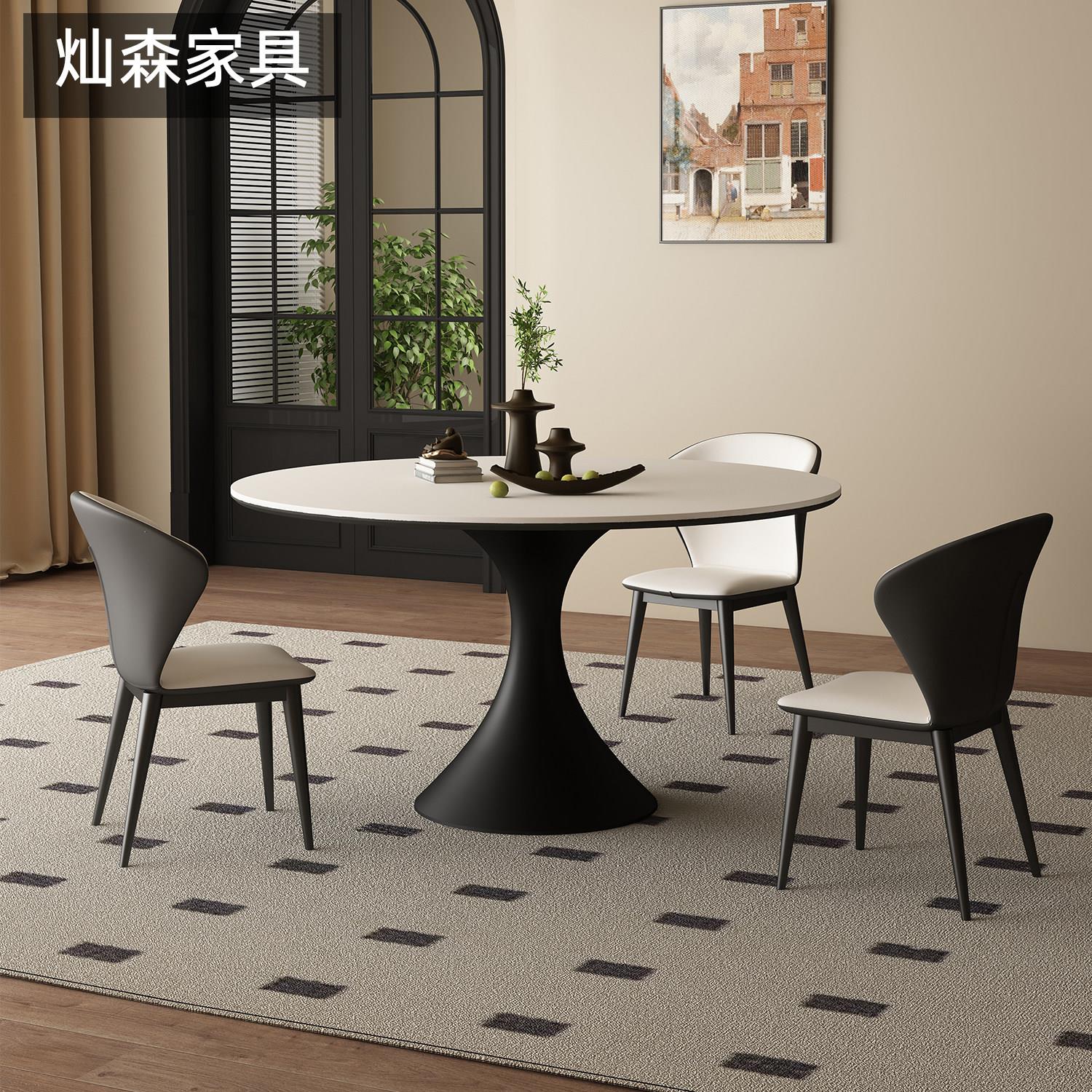 法式覆古圆形纯白岩板餐桌椅组合意式极简小户型家用现代简约圆桌