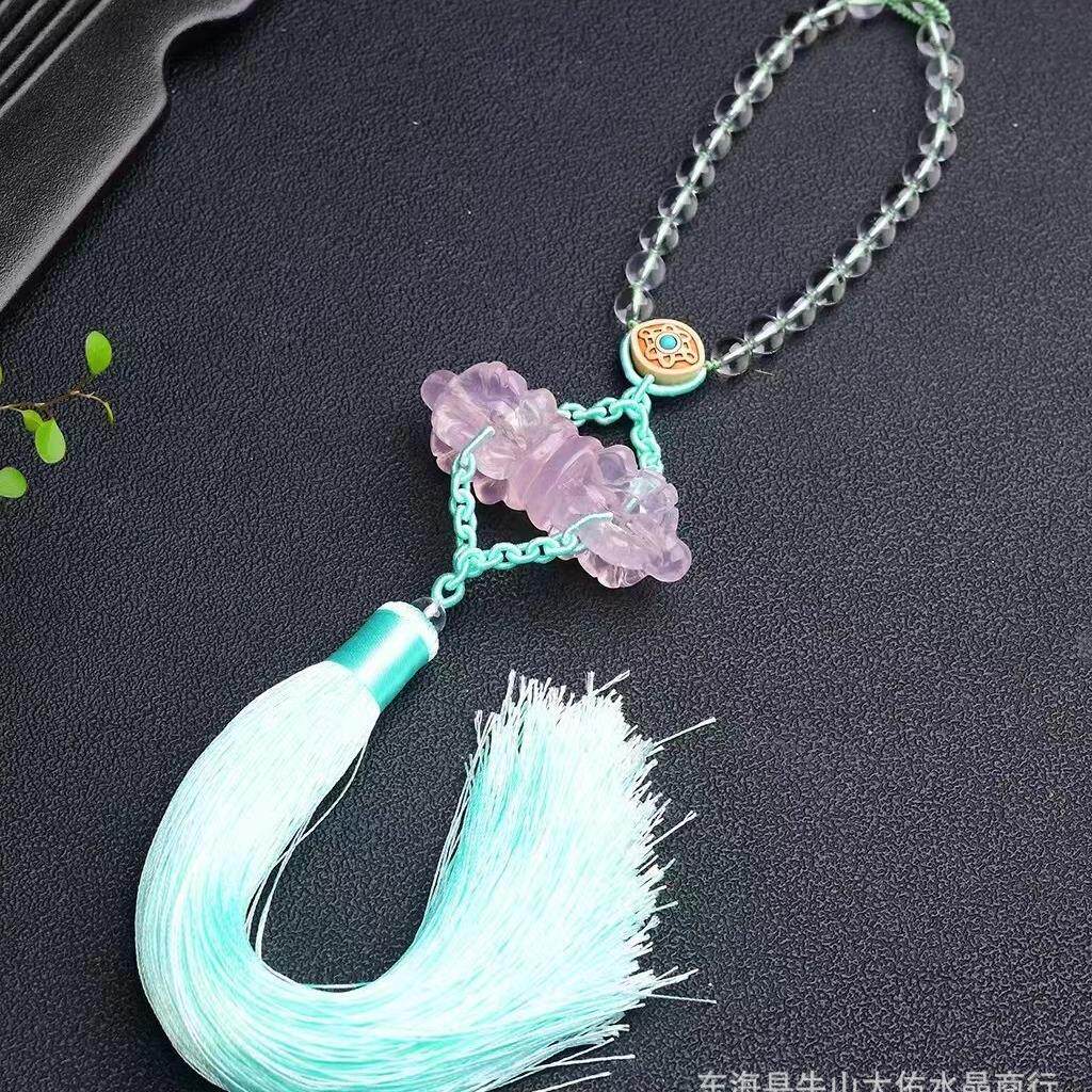 粉手工莫编织车挂天然桑水晶TIG金铃刚降魔杵金刚杵车挂挂件流苏