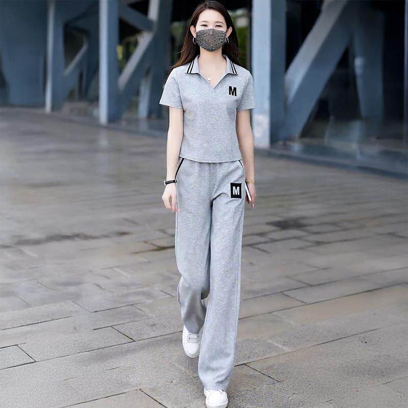休闲运动套装女夏季2025新款时尚显瘦减龄短袖阔腿裤跑步服两件套