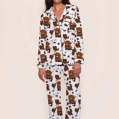women Teen Cow Print Highland Cattle Pajama Set Fall Winter