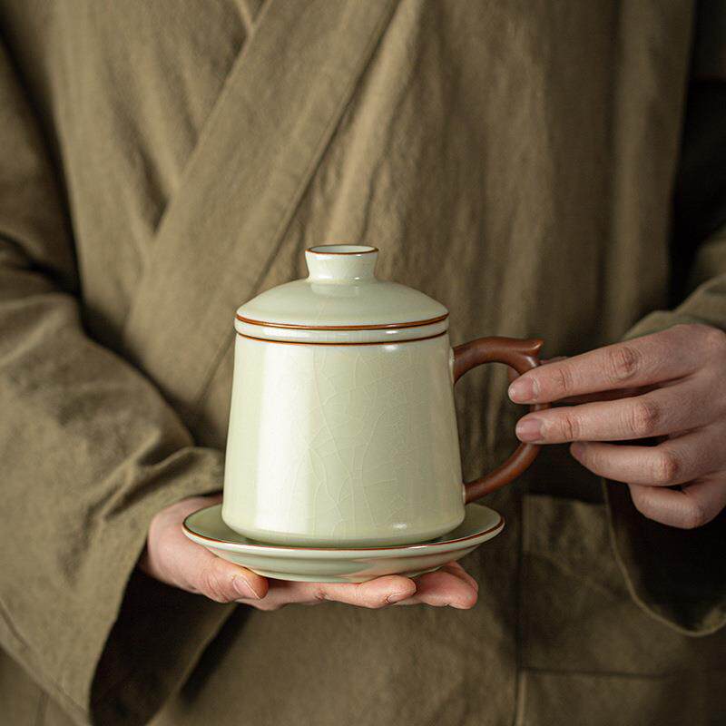 汝瓷茶杯马克杯开片可养个人杯陶瓷办公过滤茶水分离带盖水杯