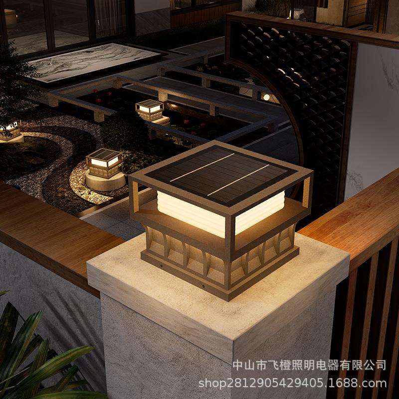 2026新款太阳能庭院户外围墙门柱全铜别墅柱子大门灯防水柱头灯