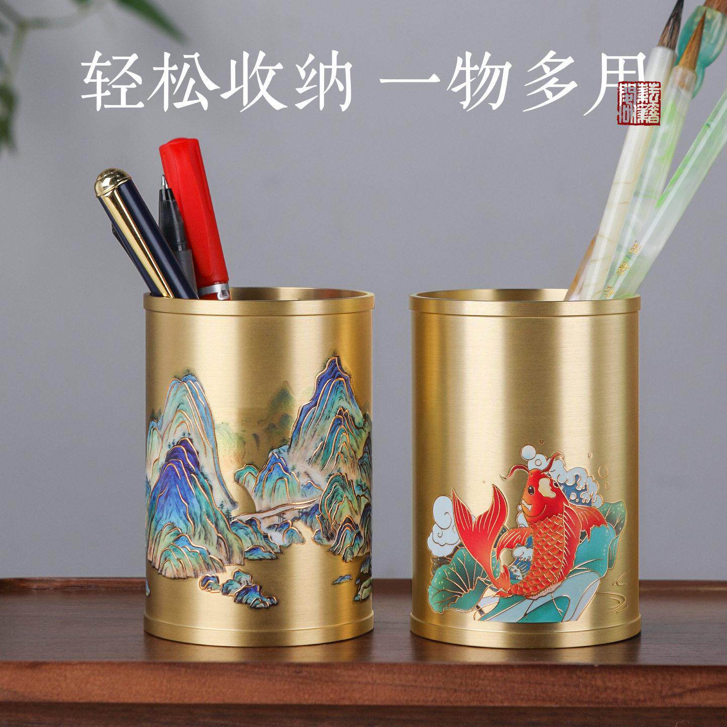 黄铜茶筒笔筒收纳盒金属收纳筒创意高级感桌面摆件茶道茶具配件