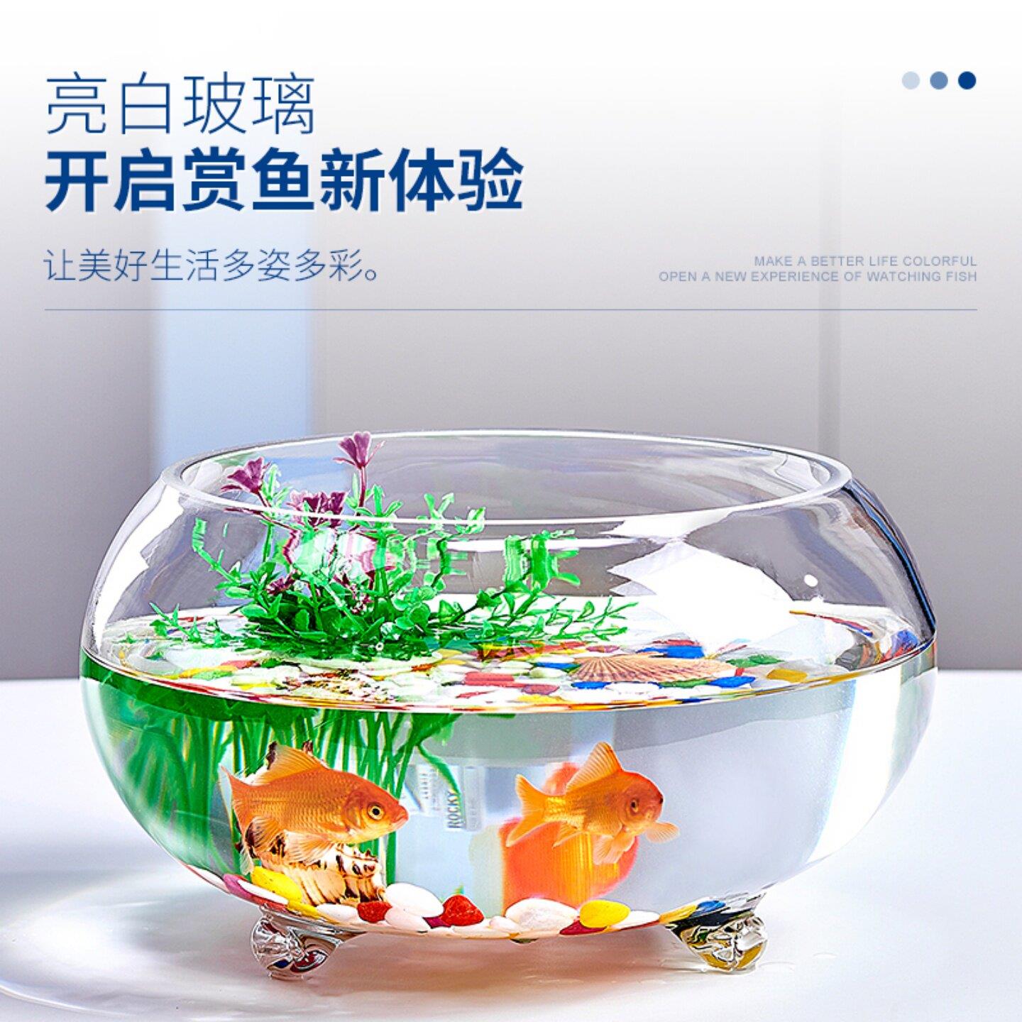 创意加厚带脚透明玻璃圆形金鱼缸客厅小型鱼缸家用桌面水培乌龟缸