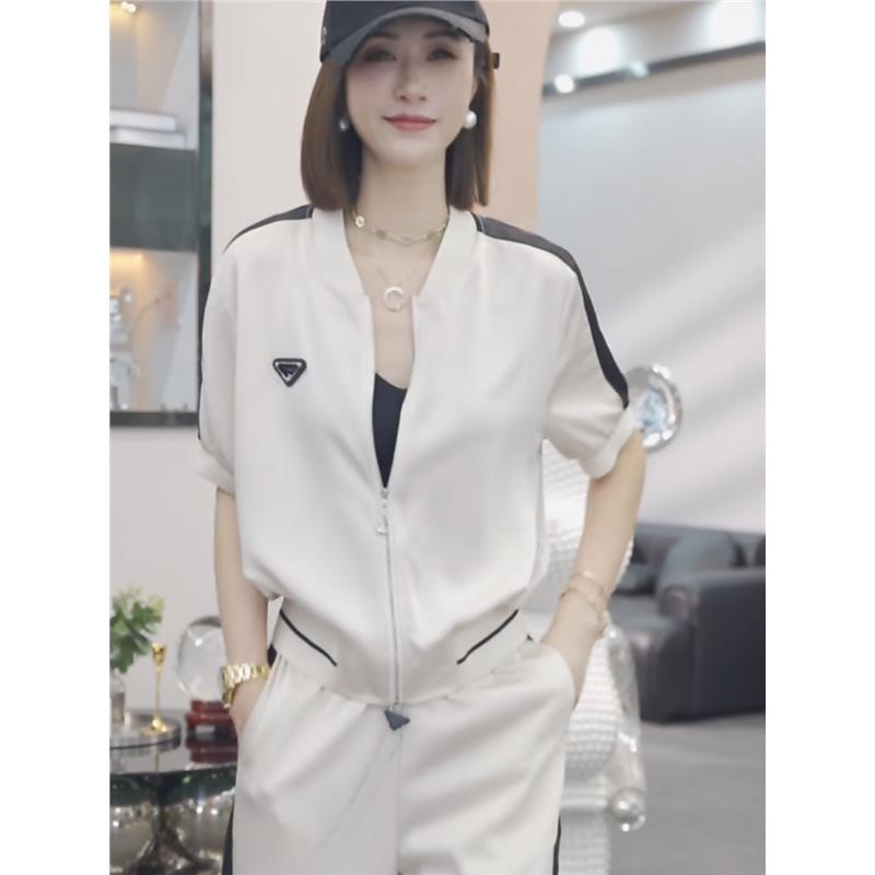 欧洲站时尚休闲 运动套装女夏季2025新款速干 干冰感短袖阔腿裤两