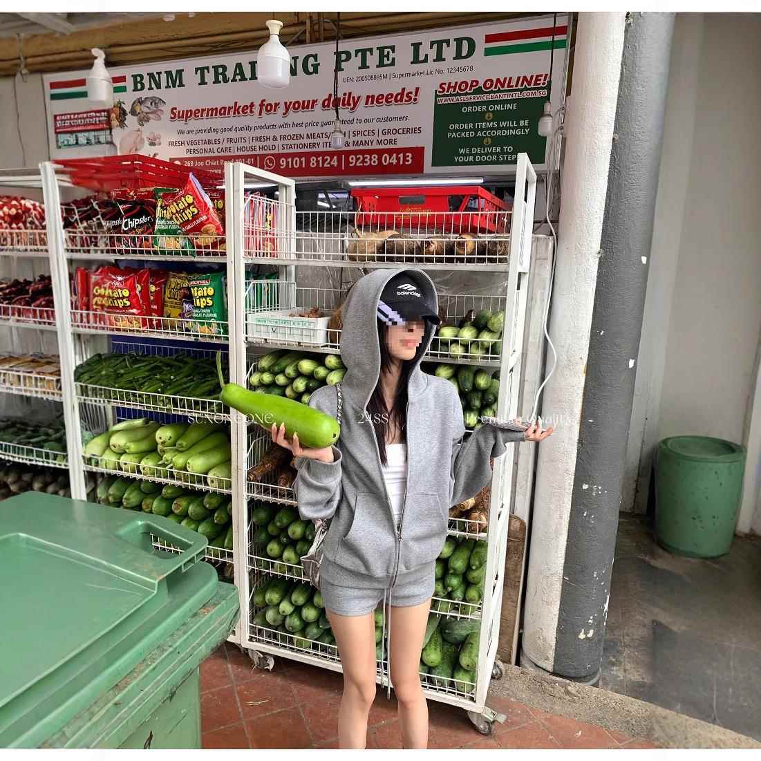 休闲运动套装慵懒连帽宽松卫衣外套女秋季抽绳直筒短裤灰色两件套