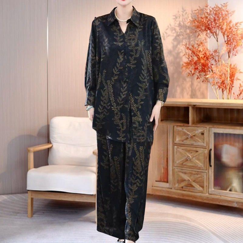 新品中式洋气质时尚套装女大码宽松妈妈衬衣阔腿裤两件套2026春季