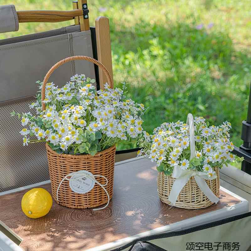 露营野餐小雏菊仿真花手提花篮仿真花假花摆设装饰花摆件拍照道具