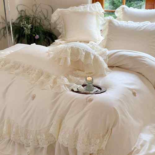 浪漫蕾丝花边公主风140S长绒棉四件套立体花刺绣被套全棉床上用品