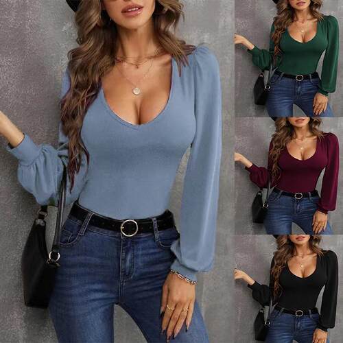 Women's lantern sleeves, low neck knitted cedar