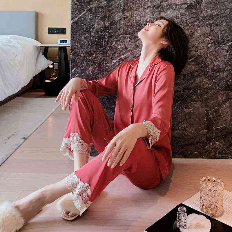 适用于高档丝绸睡衣女春秋长袖网红ins风套装衬衫式开衫薄款真丝