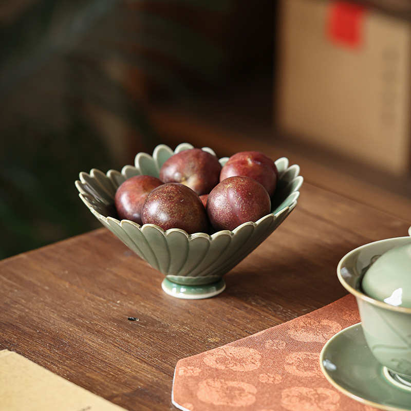 彷古越窑青瓷果盘茶桌点心糕点盘 功夫茶具配件干果 水果盘茶点盘
