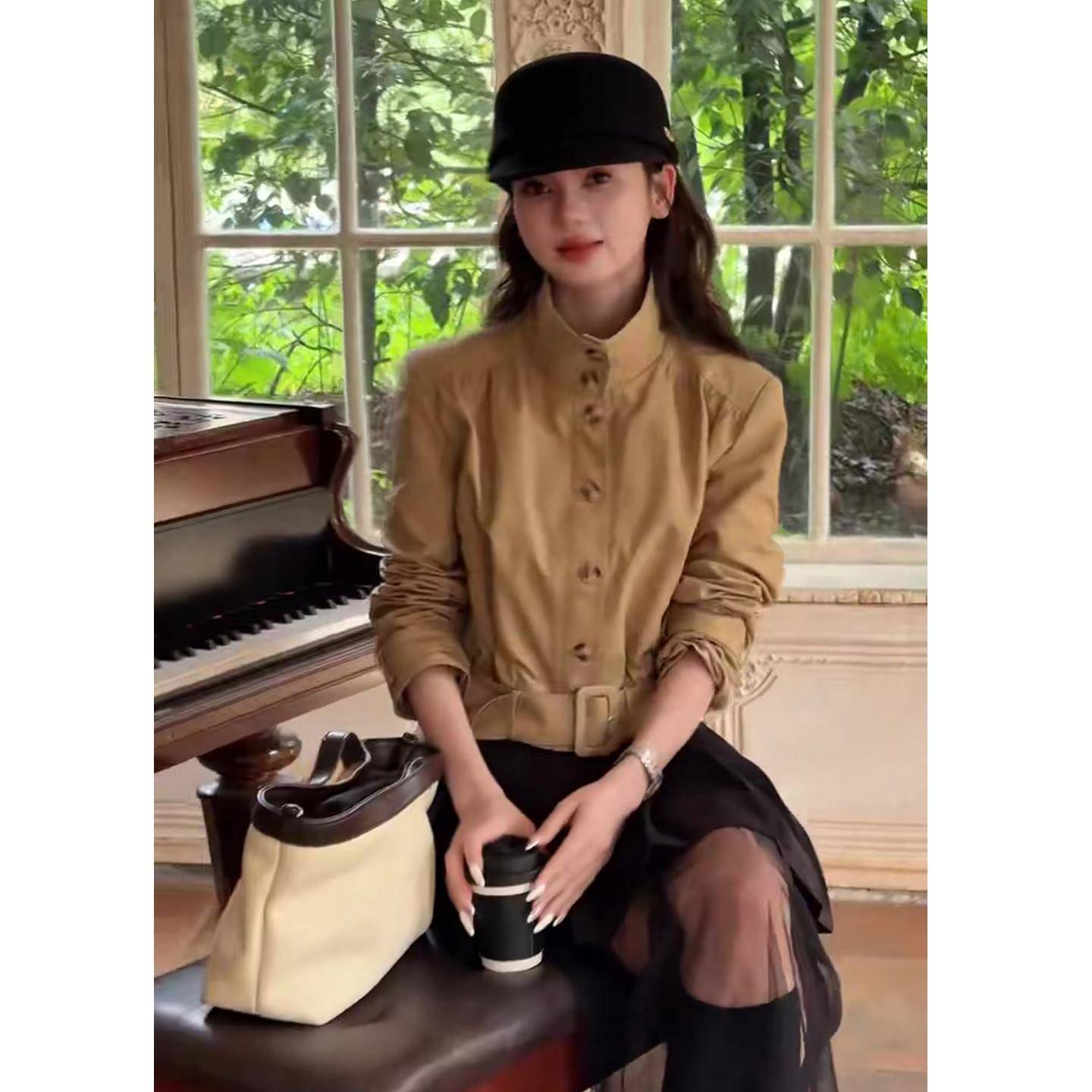 极速韩系复古立领短款风衣女2026秋季新款网红同款收腰腰带单排扣