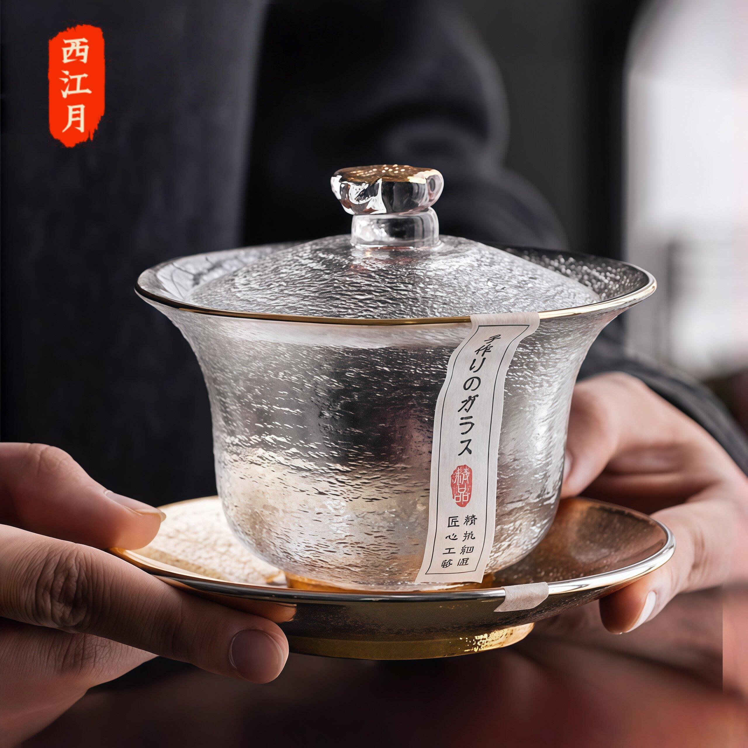 锤纹三才盖碗高档办公室家用琉璃茶碗泡茶器工夫茶杯加厚隔热不烫