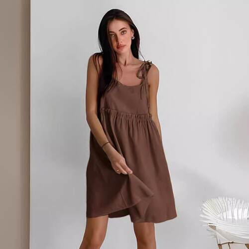 Brown cotton and linen dress, women's camisole dress,