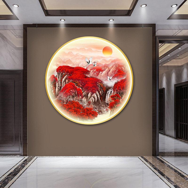 鸿运当头玄关装饰画带灯新中式圆形茶室背景墙灯画办公室山水挂画图片