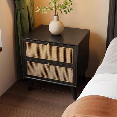 新中实床头柜AOD藤编原木黑胡桃木色式卧室床边收家纳储木物柜双