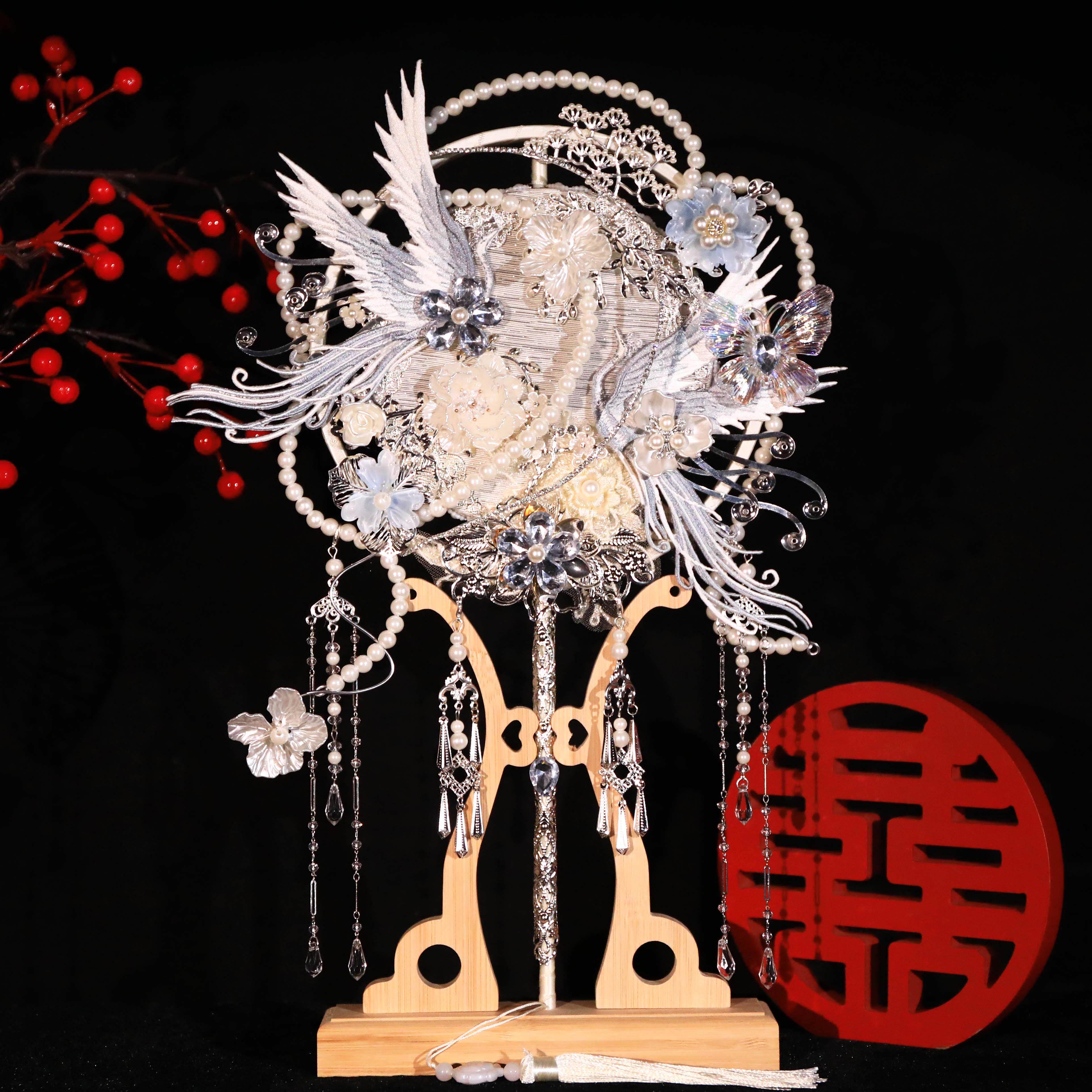 银色团扇新娘结婚材料包diy秀禾双面高级婚嫁喜扇婚礼成品婚扇子
