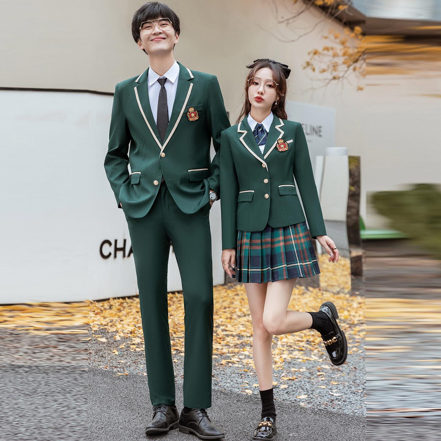 学院风西装套装高中生新款男女同款英伦风格子校服班服西服三件套