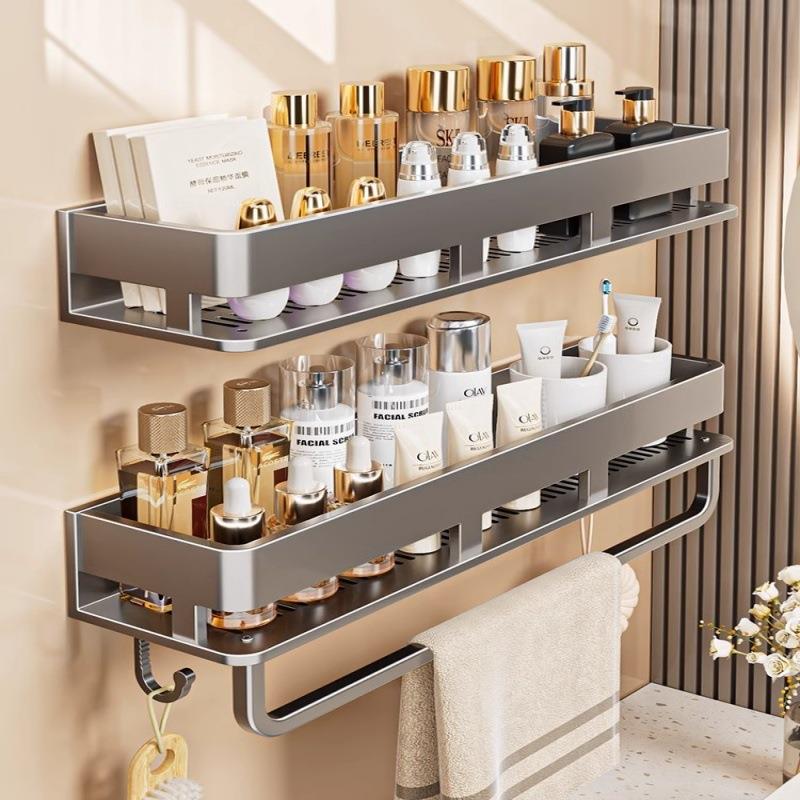 枪灰卫生间置物架浴室洗漱台免打孔可拆卸壁挂式化妆品收纳架厕所