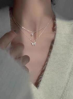 闪钻蝴蝶双层项链女小众设计百搭轻奢冷淡风锁骨链送闺蜜礼物