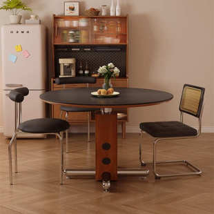 复古风岩板餐桌 小户型家用客厅圆形饭桌波尔卡实木中古1米小圆桌