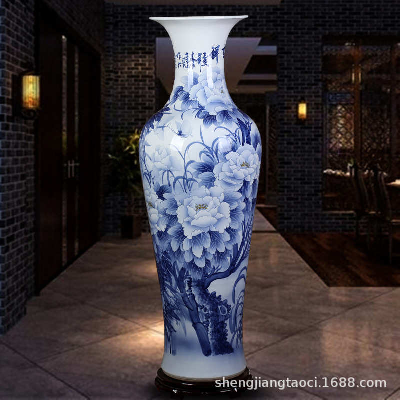 景德镇手绘陶瓷大花瓶新房酒店客厅乔迁青花山水牡丹落地装饰摆件