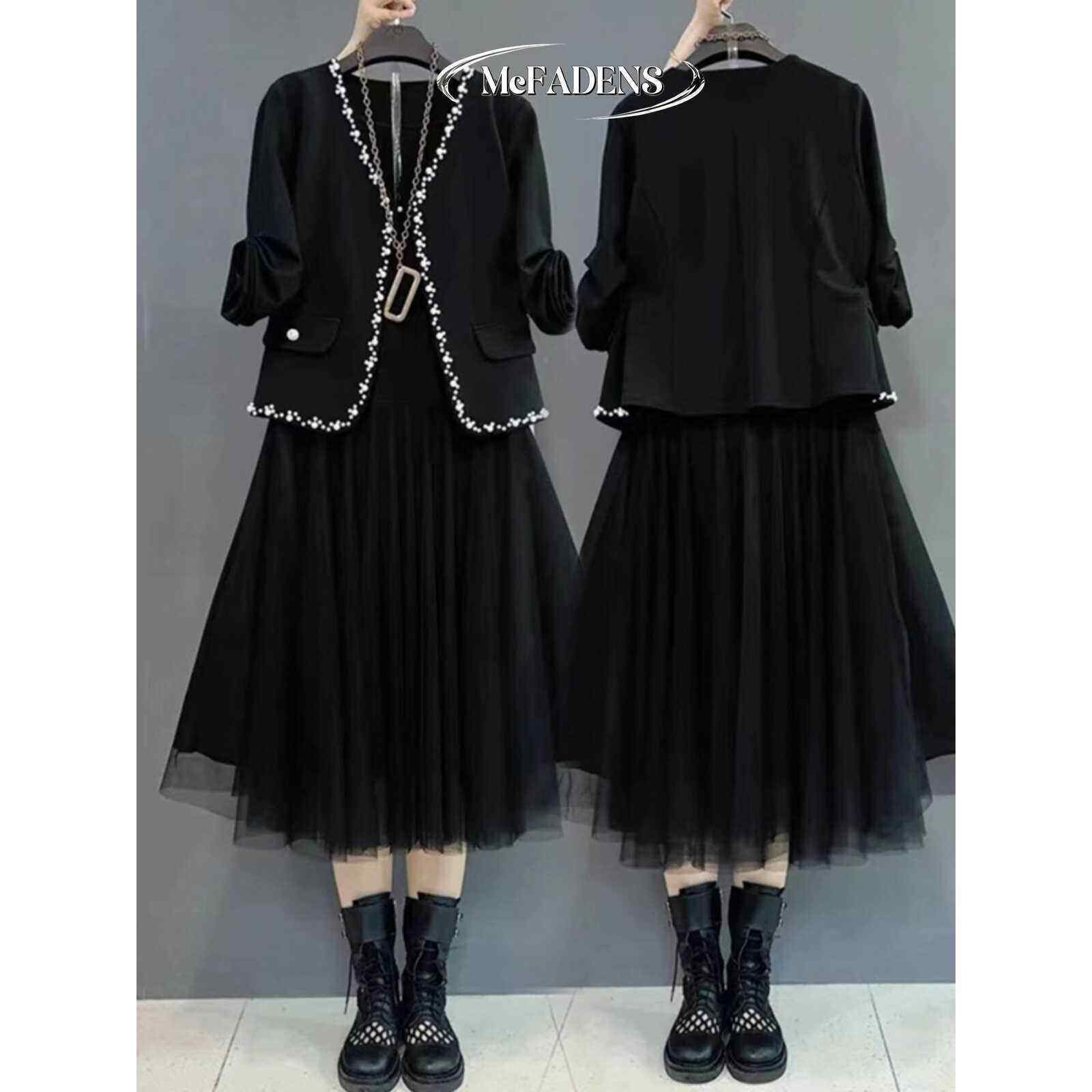 香港秋款大码显瘦时尚套装女胖mm气质钉珠西服拼纱连衣裙两件套