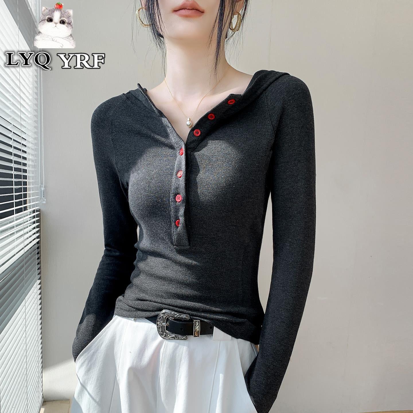 LYQ YRF春秋连帽T恤上衣女纽扣小衫2025新款秋季设计感修身打底衫