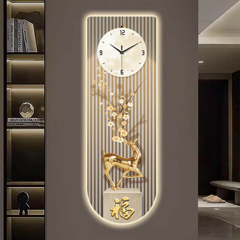 玄关装饰画 画带钟表新中式入户鹿客厅电视背景墙挂钟壁灯时钟表