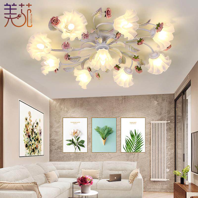 韩式田园吸顶灯铁艺花草客厅灯创意花朵女孩房间灯主卧室灯吸顶灯