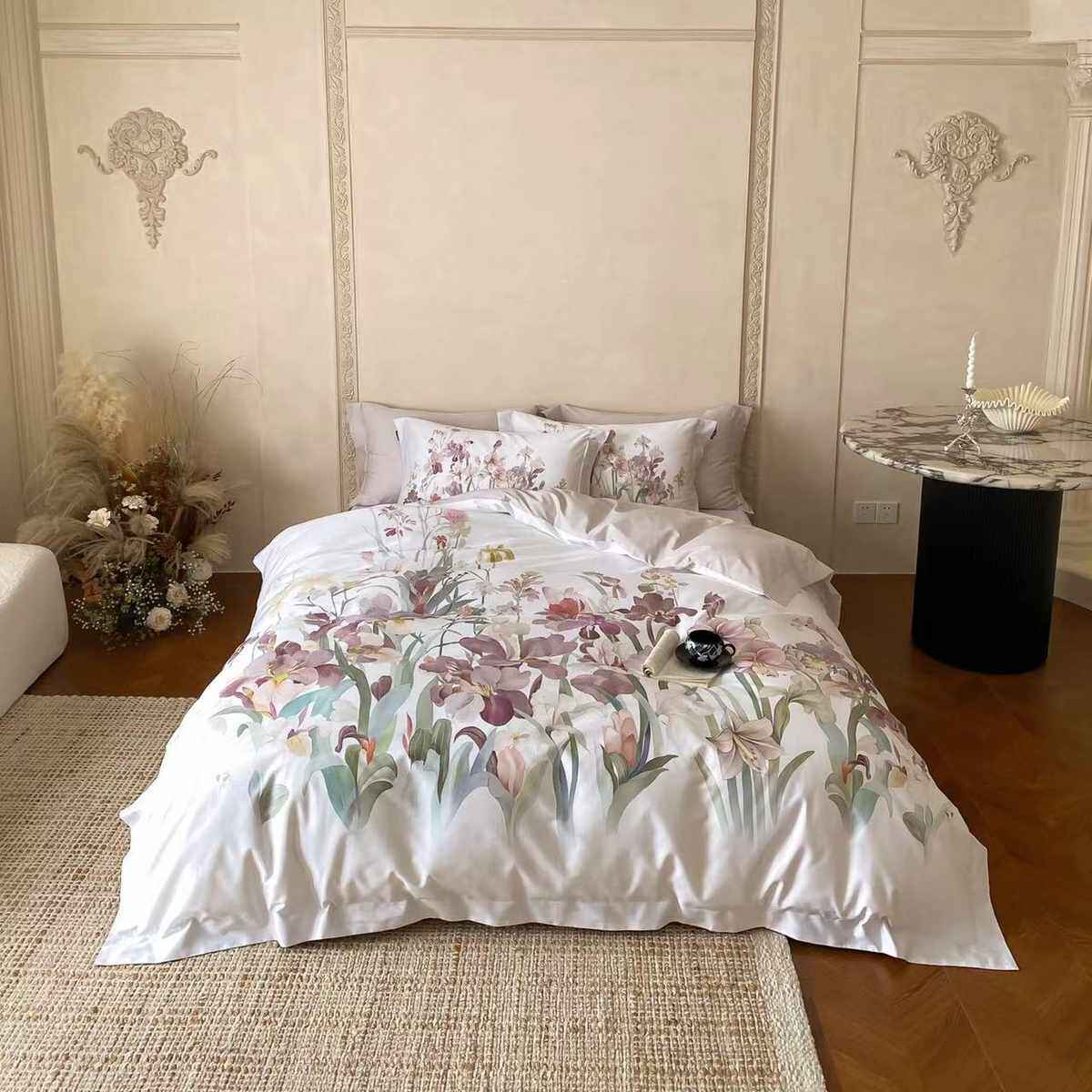 【棉四风件套鸢尾美式长绒棉全贡缎床上用品田园半塘数码】印花