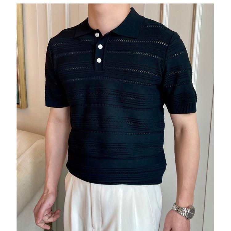 PALM CITY休闲针织polo衫男夏季美式复古薄款条纹镂空提花上衣服