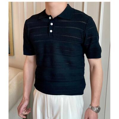PALM CITY休闲针织polo衫男夏季美式复古薄款条纹镂空提花上衣服