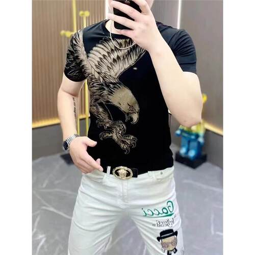 欧货老鹰烫钻短袖T恤 男士修身圆领冰氧吧材质潮牌卡通印花上衣