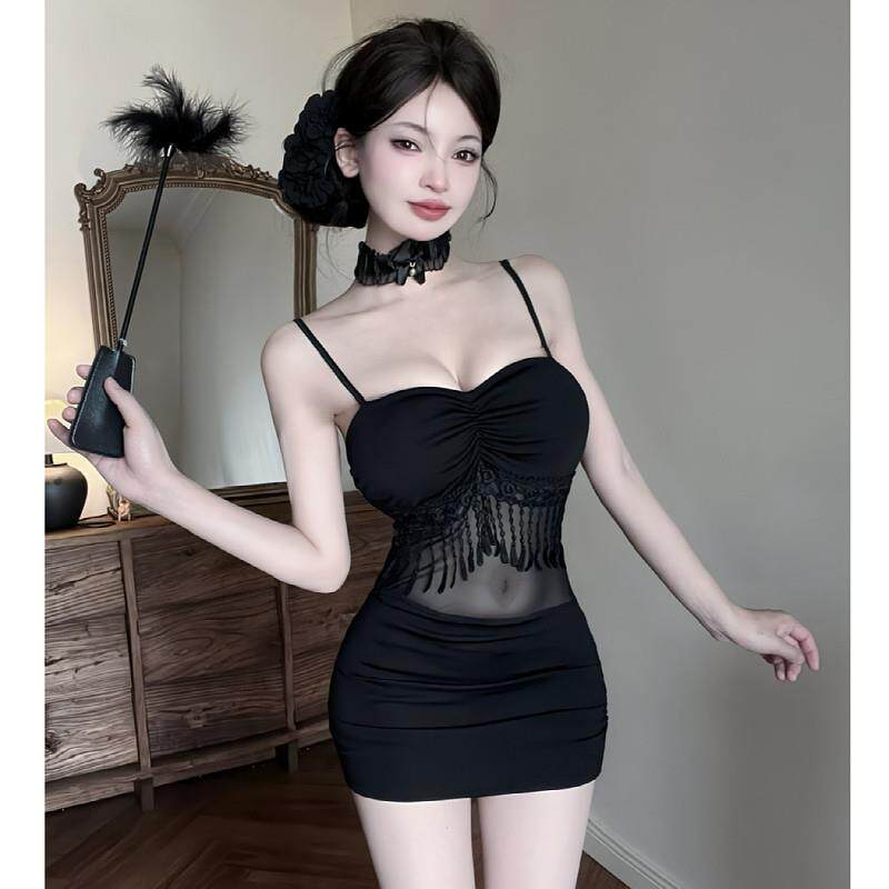 2025年新款辣妹性感收腰吊带连衣裙蕾丝拼接半透纯欲流苏包臀短裙