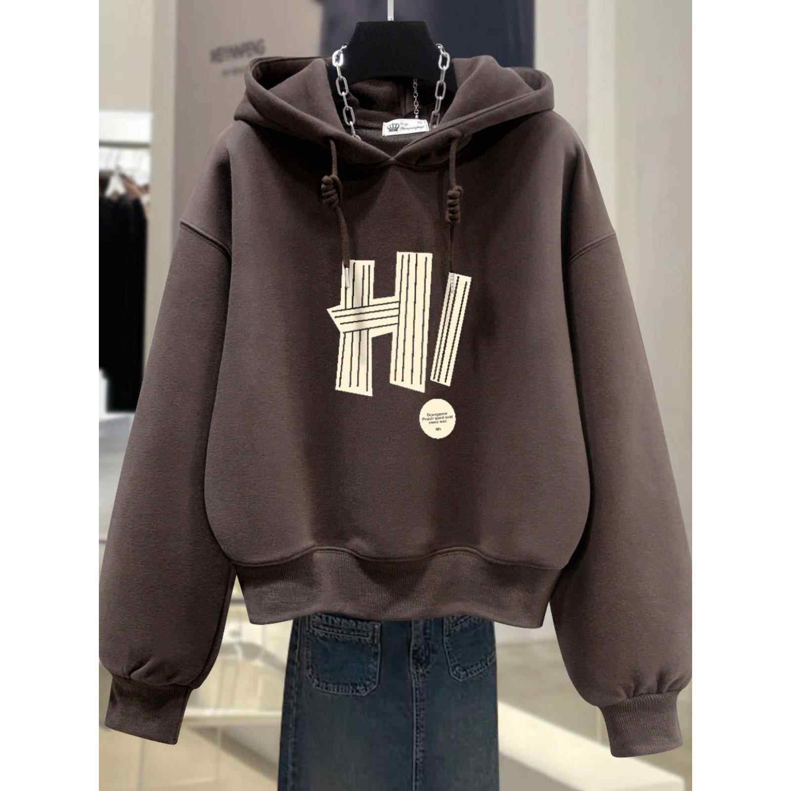 专柜加绒连帽卫衣女2025新款秋冬时尚字母小个子宽松短款上衣外套