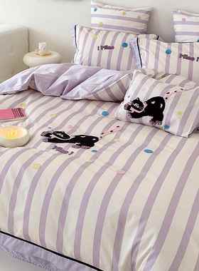 X24100支棉棉长儿童四件套纯棉女孩被单三绒件套可爱猫全咪床上用