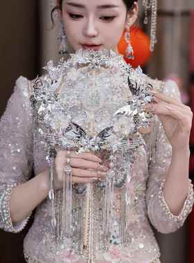 红色蕾丝娘婚秀禾服新SRK中式双面成品遮金色成结品喜扇团新扇915