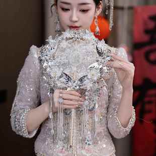 红色蕾丝成新娘婚秀品禾YSQ服新中结式 双面遮面金色成品喜扇团扇9